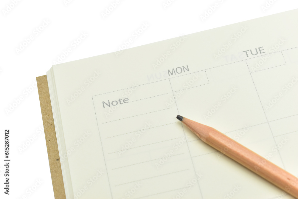 top view image of open planner notebook with blunt wood pencil isolated on white background top view image of open planner notebook with blunt wood pencil isolated on white background