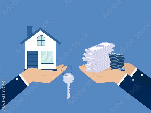 Hand to house and other handcuffs with money cash Rent. vector illustration.