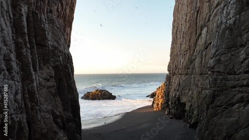 Large rocks natural monument Piedra de Iglecia Church stone on Chilean coast in Constitucion in sunset