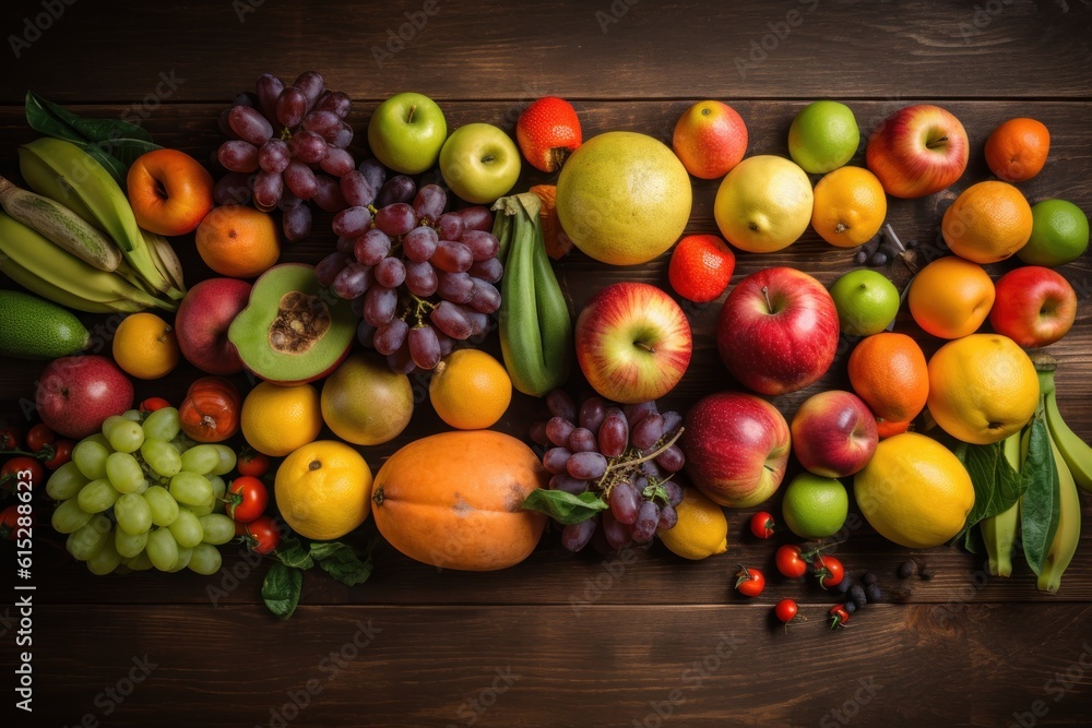 Fruits and vegetables on a wooden background. Healthy eating concept. Generative AI Fruits and vegetables on a wooden background. Healthy eating concept. Generative AI