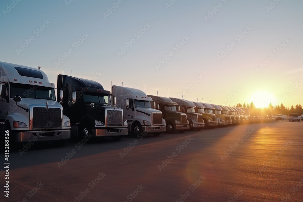 Obraz premium Trucks in a row on the road at sunset. Transport and logistics concept, Generative AI