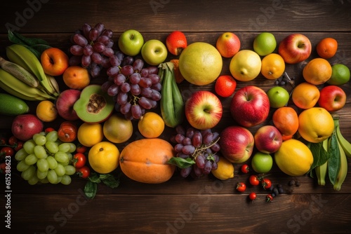 Fruits and vegetables on a wooden background. Healthy eating concept. Generative AI