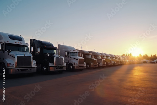 Trucks in a row on the road at sunset. Transport and logistics concept, Generative AI