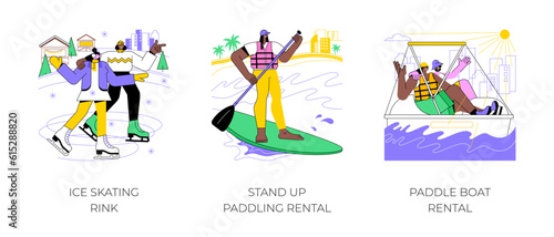 Active sport in city park isolated cartoon vector illustrations set. Ice skating rink, stand up paddling rental, paddle boat rental, urban winter sports, active sport training vector cartoon.