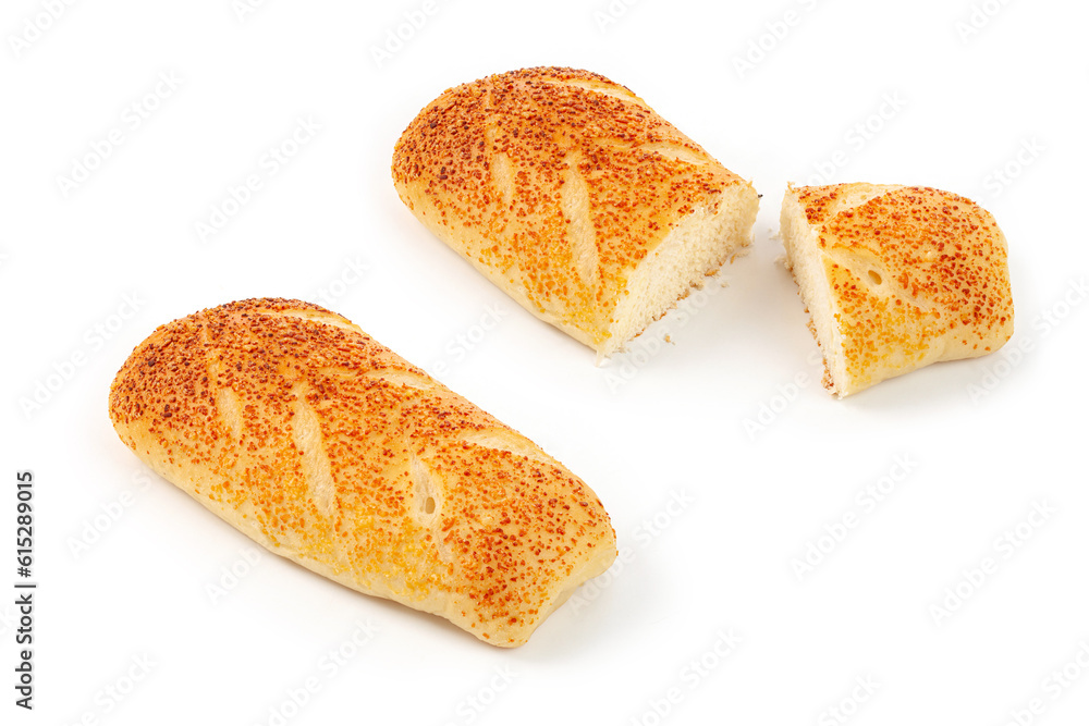 whole and half cut bread isolated on white background.