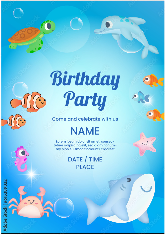 birthday party invitation, baby shower, cute fish