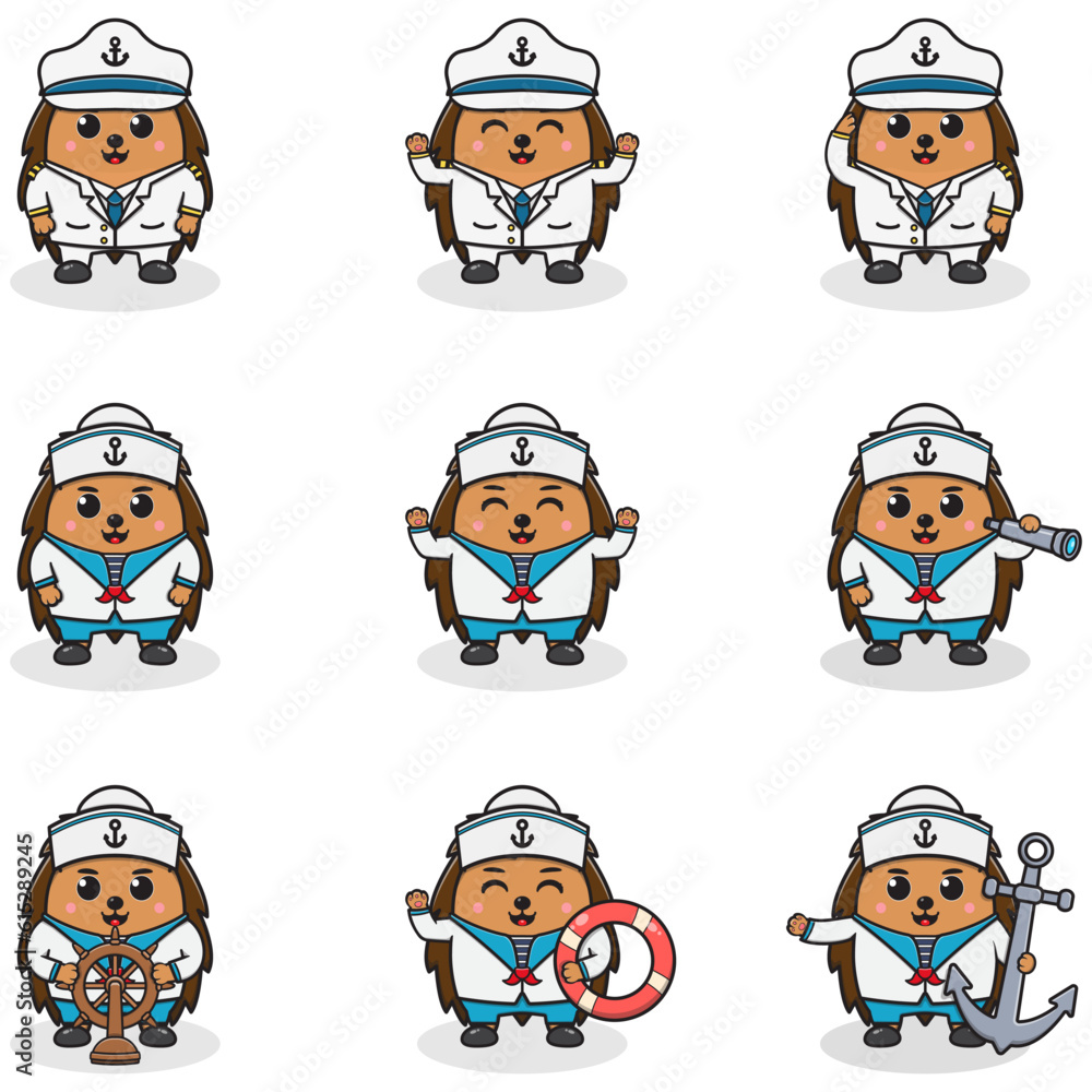 Funny Hedgehog sailors set. Cute Hedgehog characters in captain cap cartoon vector illustration. Funny Hedgehog sailors set. Cute Hedgehog characters in captain cap cartoon vector illustration.