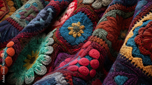 homemade Afghan patterned quilt. background texture - full frame close up of colorful crocheted traditional blanket © PaulShlykov