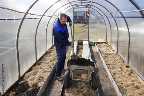 A man works in a vegetable garden in early spring. Digs the ground. Working in a greenhouse