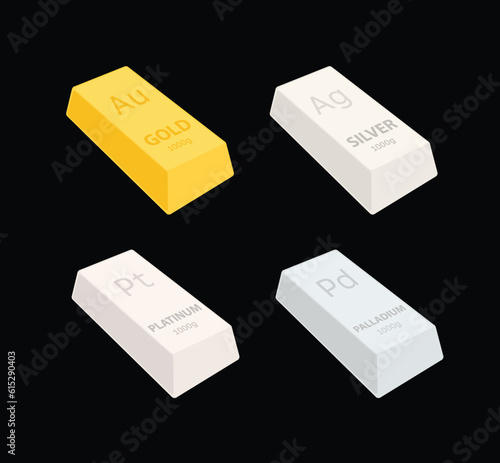 Ingot of gold, silver, platinum and palladium. Vector. Illustration of a metal ingot 1 kilogram. The purity of ingots is 99 percent. Icons for banking website or investment app.