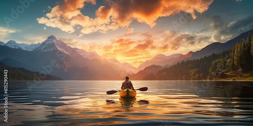 Kayak into the sunset. Canoe mountain landscape. Pristine river lake at dawn. Serene boat ride.