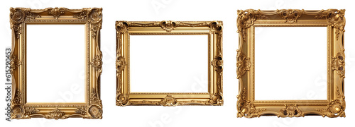 Antique carved gilded frame isolated on white background. Vintage golden rectangle frame for photo. generative AI photo