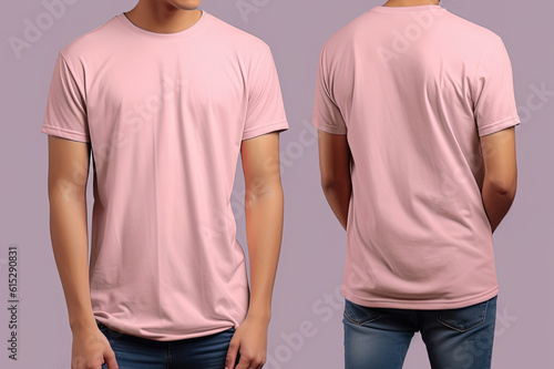 Photo realistic male pink t-shirts with copy space, front, and back view