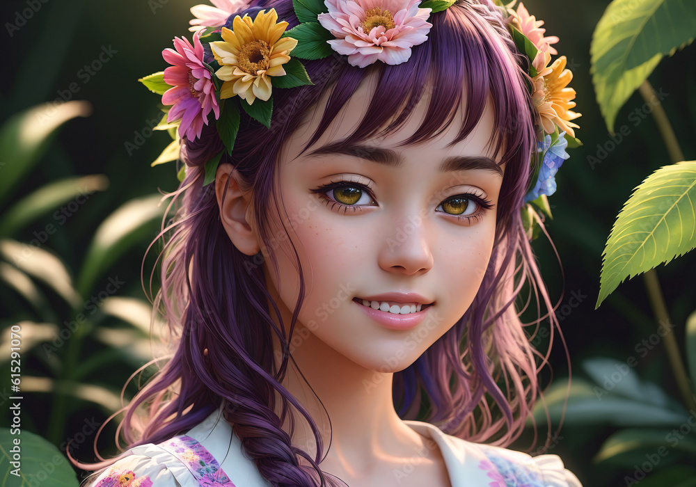 Beautiful girl with wreath of flowers on her head. Generative AI. Beautiful girl with wreath of flowers on her head. Generative AI.