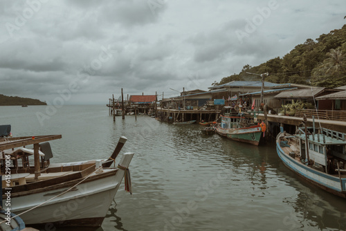 View of Baan Ao Salad port and fishing village on Koh Kood Island, Thailand, vintage effect.