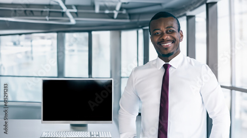 Black African American Business Man Executive Introducing a Modern Tech Startup. Brand Banner Introduction Advertisement On Monitor Template. AI Generative