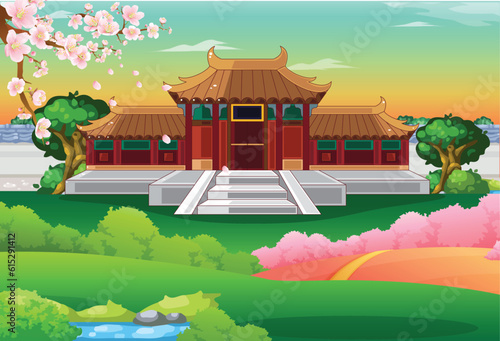 Vector chinese palace in spring flowers bloom