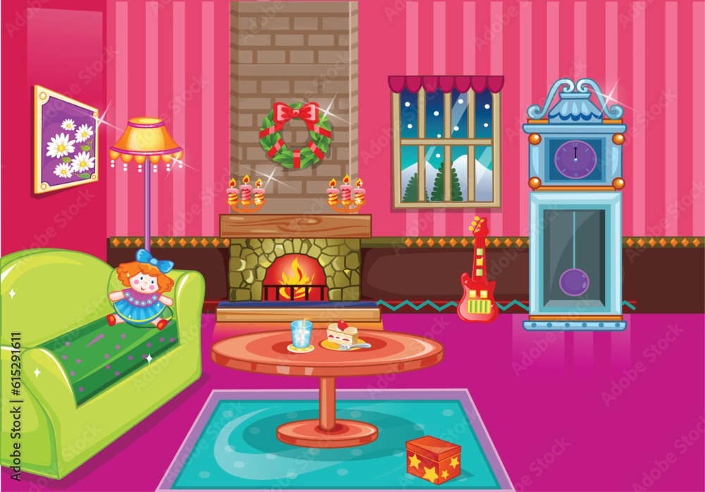 Vector pink vintage living room with stove and christmas decorations