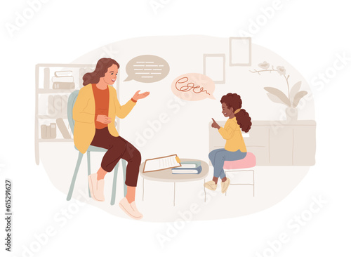 Speech therapy isolated concept vector illustration. Speech pathology therapy, improve language, development delay, speaking disability treatment, tongue exercise at home vector concept.