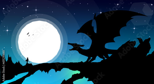 samurai anime wallpaper. samurai versus dragon illustration. landscape blue sky fantasy walpaper. japanese theme walpaper.