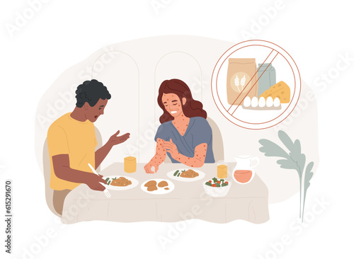 Food allergy isolated concept vector illustration. Food ingredient intolerance, allergy treatment, allergen identification, risk factor, skin rash problem, gluten free diet vector concept.