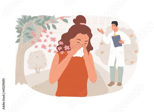 Seasonal allergy isolated concept vector illustration. Pollen allergy immunotherapy, allergic disease diagnostics, seasonal allergy test, nasal congestion, specialist counseling vector concept.