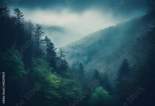 a dark foggy forest with blue sky behind, in the style of luminous color palette, accurate topography