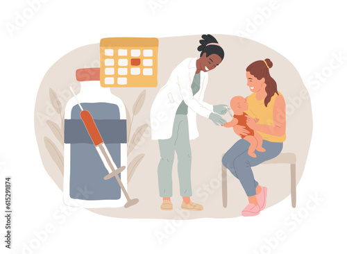 Infant and child vaccination isolated concept vector illustration. Infant, baby and child vaccine, newborn vaccination schedule, protection from childhood infectious diseases vector concept.
