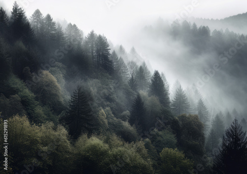 a foggy forest with fog covering the tops of trees, in the style of landscape-focused