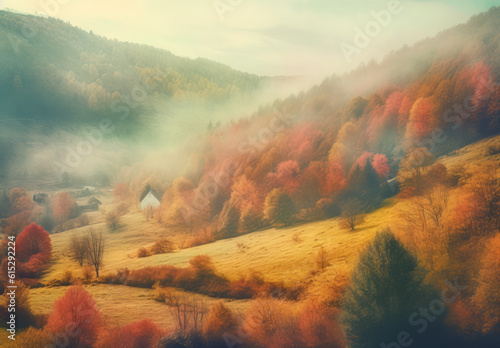 autumn scenery with fog landscape, in the style of mountainous vistas, light red and yellow