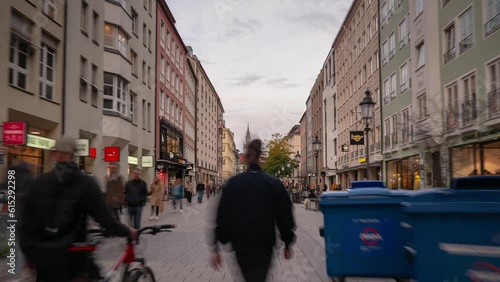 sunset time munich city center old town pedestrian street walking pov panorama 4k timelapse germany