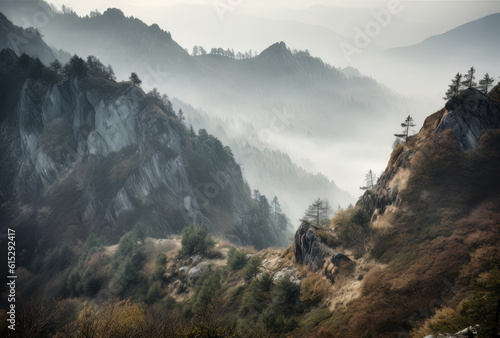 fog and mountains in the mountains, in the style of nature-inspired camouflage, photo-realistic landscapes