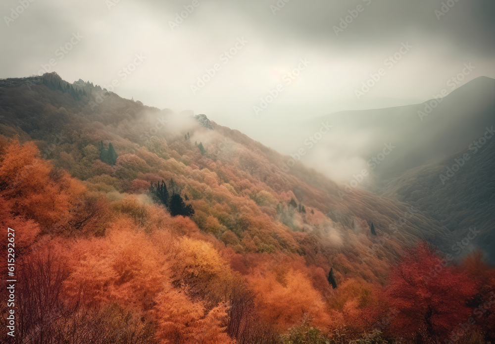 mountains and clouds in autumn, in the style of hazy romanticism, light red and yellow
