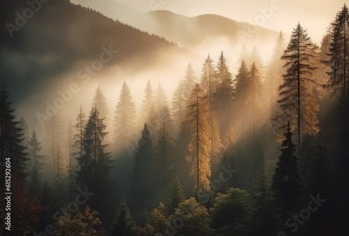 image of pine forest in the fog on the forest, in the style of mountainous vistas, light bronze and green