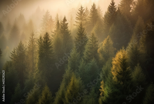 image of pine forest in the fog on the forest, in the style of mountainous vistas, light bronze and green