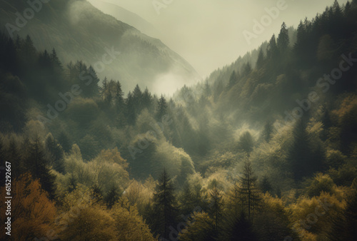 the scenery of high mountains with fog in the afternoon, in the style of atmospheric woodland imagery © Tn