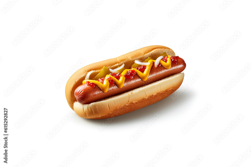 Hot dog with mustard and ketchup isolated on a white background Hot dog with mustard and ketchup isolated on a white background