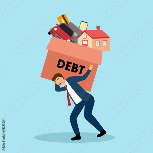 Businessman carrying heavy debt burden in flat design.