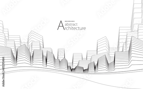 3D illustration, abstract modern urban landscape line drawing, imaginative architecture building construction perspective design.