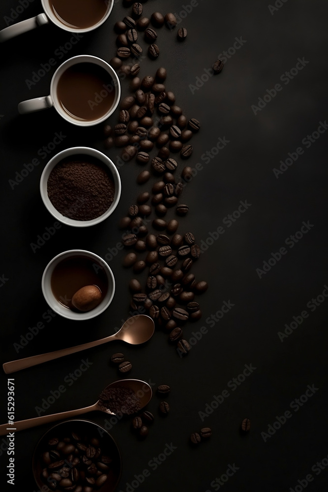 Coffee cups, coffee beans, and spoons. Generative AI.