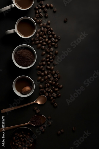 Obraz na płótnie Coffee cups, coffee beans, and spoons. Generative AI. w salonie