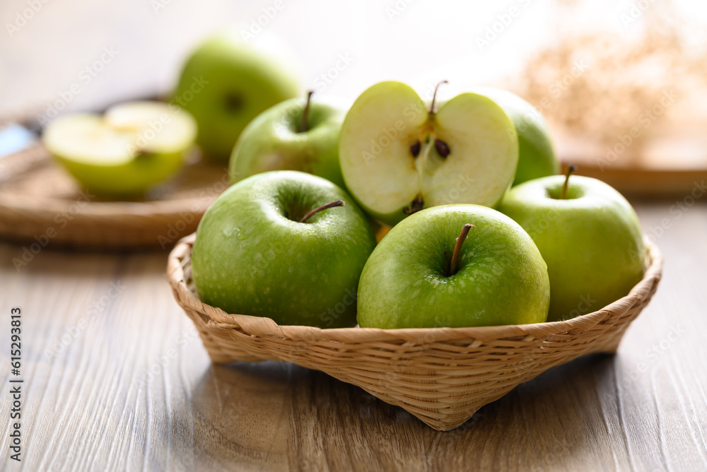 Green apple fruit in basket on wooden background, Healthy fruit Green apple fruit in basket on wooden background, Healthy fruit