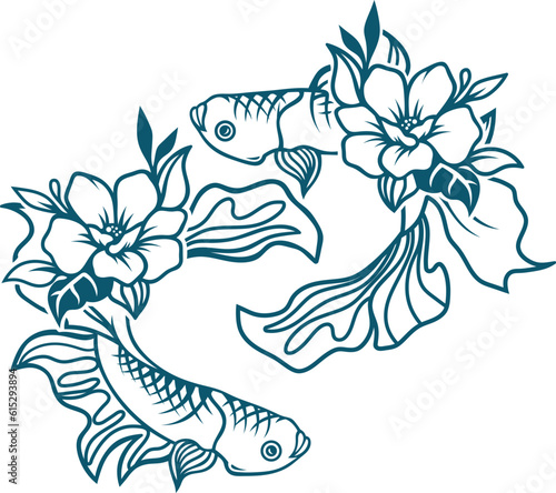 Abstract Koi Fish Tattoo Silhouette with Floral Accent