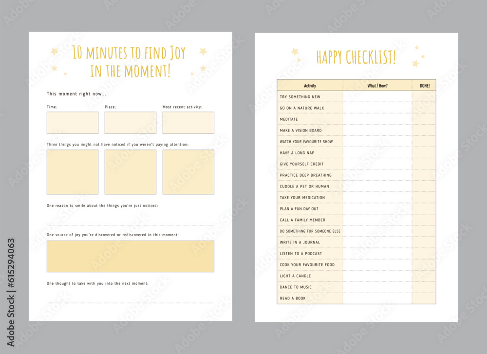 Fototapeta premium 10 mins to find joy in the moment and Happy check list planner. Vector illustration.
