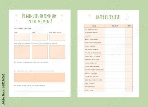 10 mins to find joy in the moment and Happy check list planner. Vector illustration.