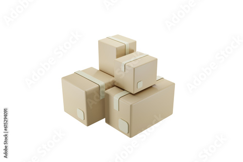 3D minimal cardboard box with tape. Carton box on transparent background. Group of container box 3d rendering