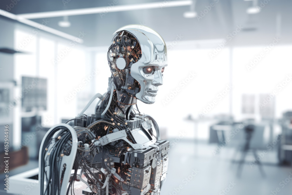 Terminator AI Robot Glowing Eyes In Building White Silver Wires Intimidating Army Soldier Security Generative AI Terminator AI Robot Glowing Eyes In Building White Silver Wires Intimidating Army Soldier Security Generative AI
