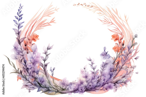 lavender and peach swashes, watercolor paint abstract border frame for design layout, isolated on a transparent background, generative ai