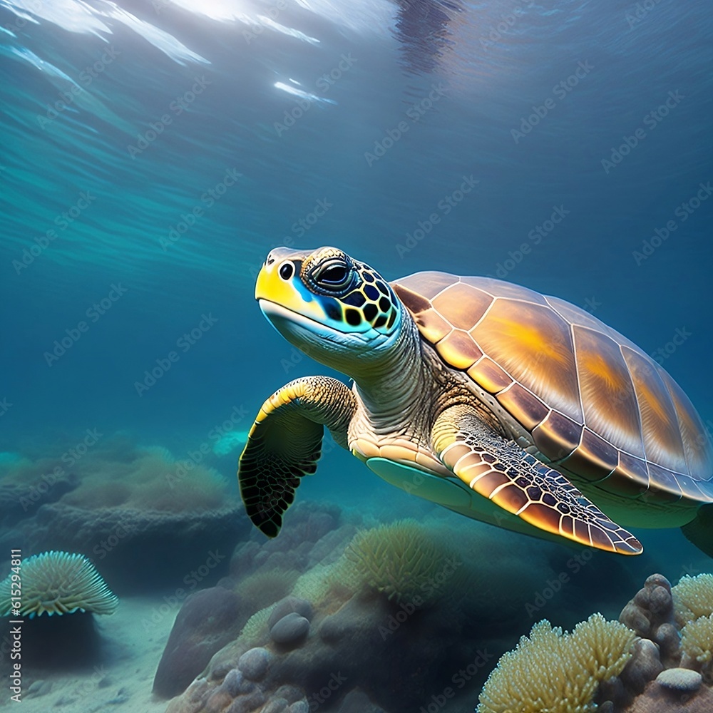 Fototapeta premium Sea Turtle Swimming Underwater During Daylight. Generative AI. AI.