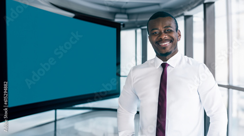 Black Business Man Executive Introducing a Modern Tech Startup in front of a TV Banner Introduction Mockup Advertisement Template. AI Generative